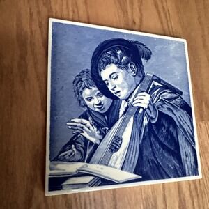 Royal Delft Blue Ceramic Tile Two Singing Boys‎ w/ Lute Dutch Painter Hals VTG